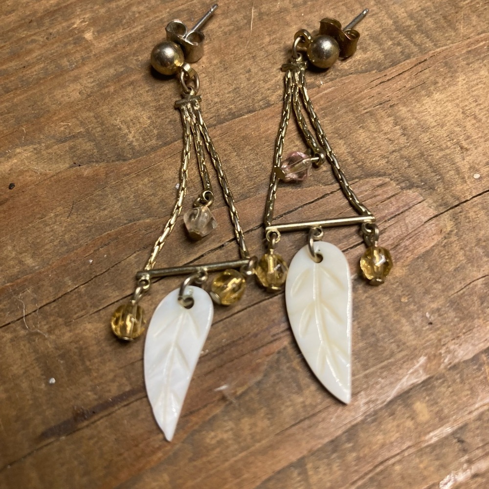 Chic Gold and Cream Leaf Drop Earrings
